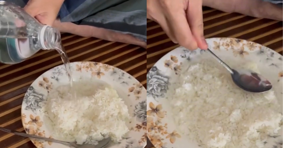 Plain rice poured with mineral water