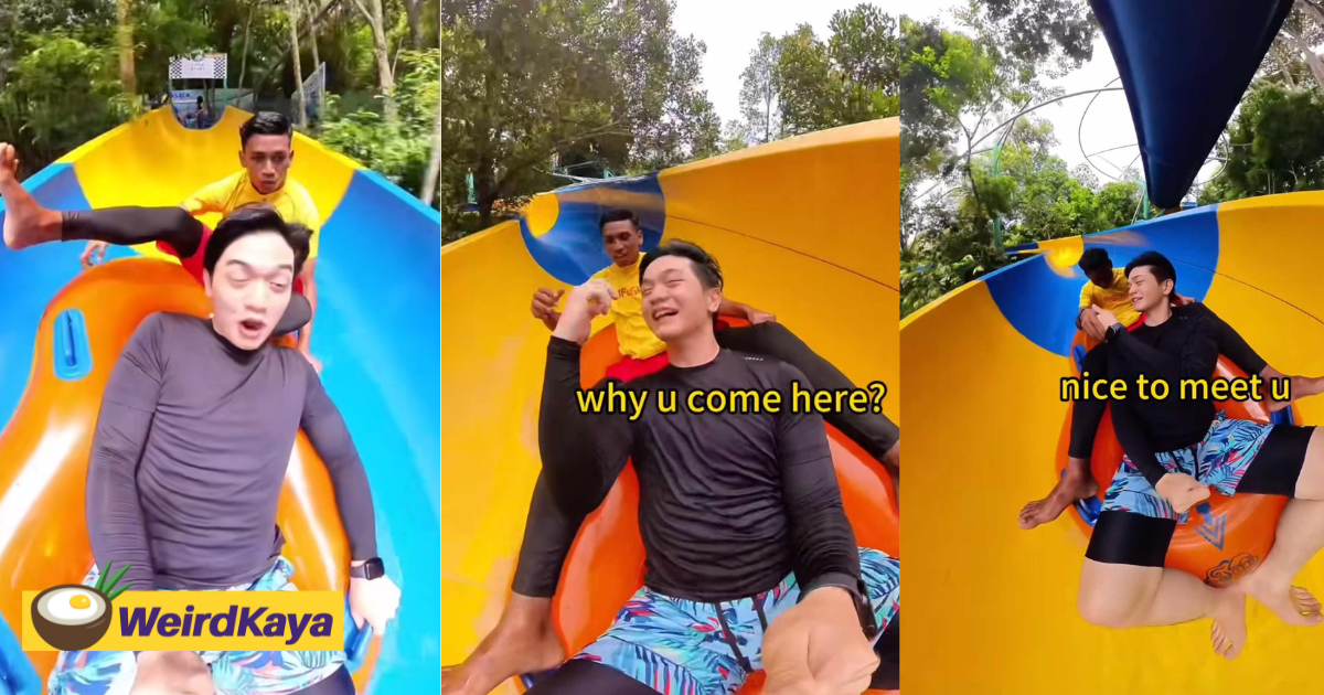 M'sian lifeguard accidentally joins man on water slide ride after he lost his footing | weirdkaya