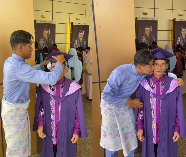 Son kisses his dad after putting the robe on him
