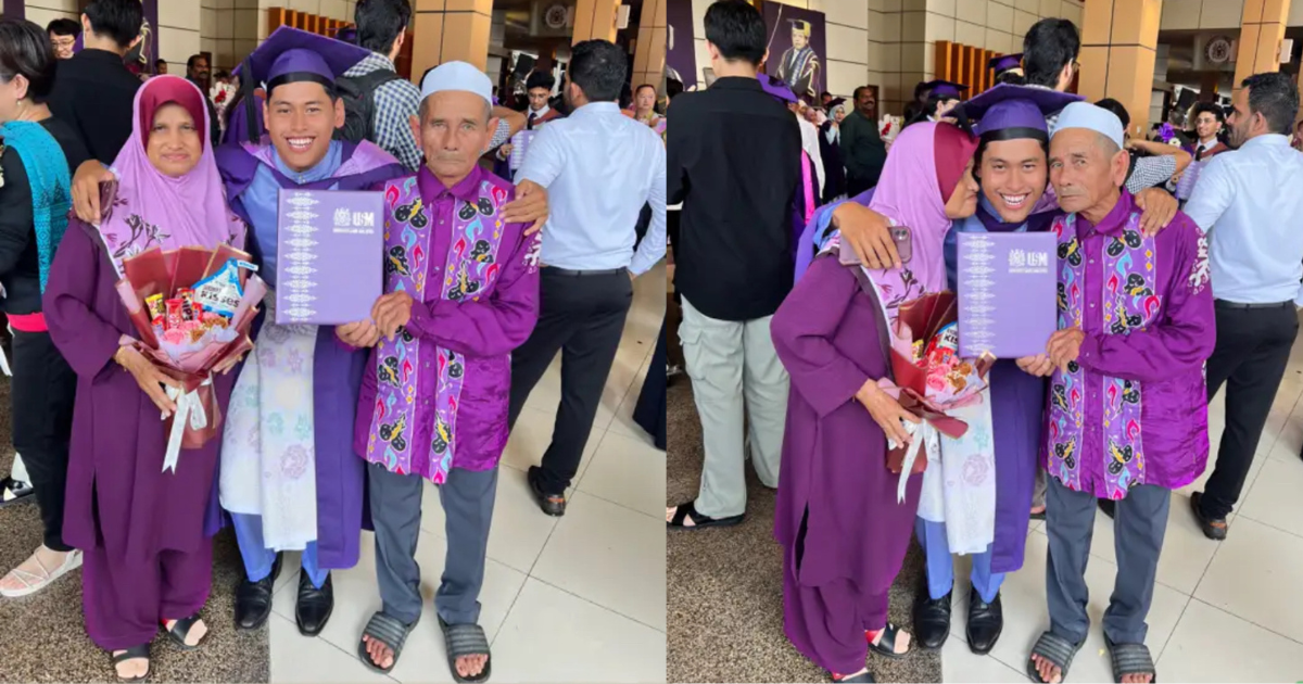 Son takes picture with his parents side by side after graduating