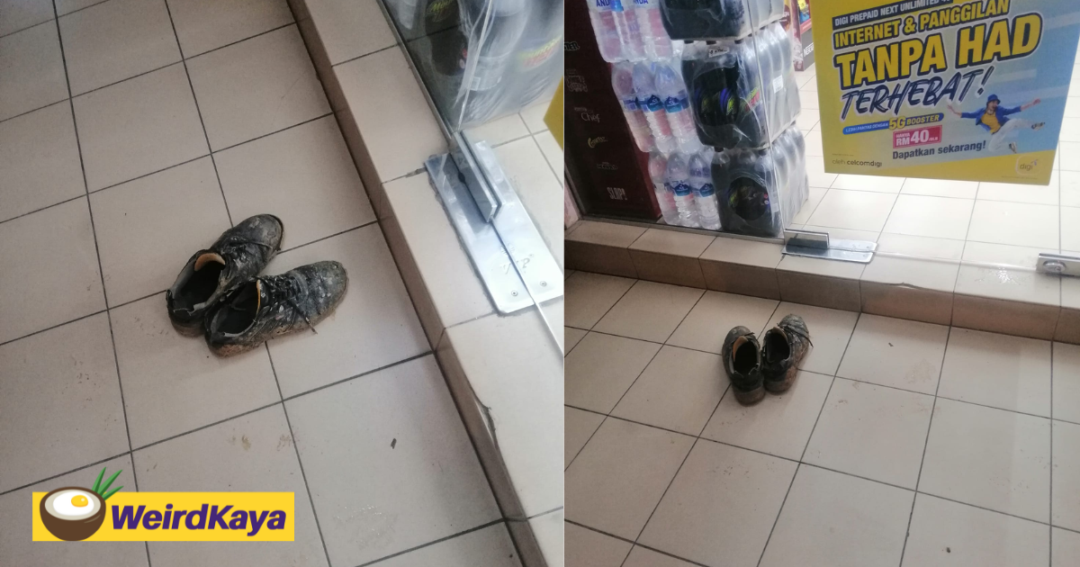 M'sian impressed by foreign worker's thoughtful act of leaving muddy shoes outside 7-eleven to keep the floor clean | weirdkaya