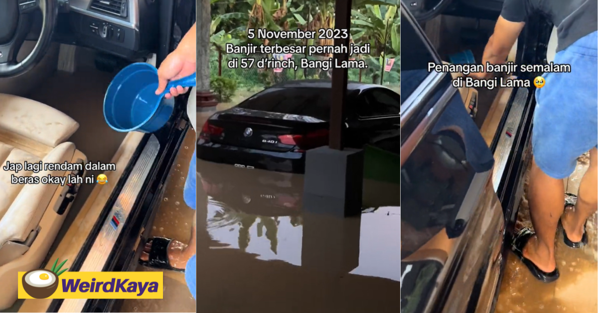 M'sian man scoops water out from his bmw with a pail after home was hit by huge floods in bangi | weirdkaya