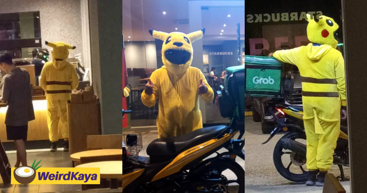 M'sian grab food rider spotted delivering food and joy in pikachu suit in port dickson | weirdkaya