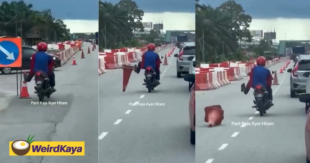 M'sian motorcyclist seen kicking cones arranged along roadside for no reason in johor | weirdkaya