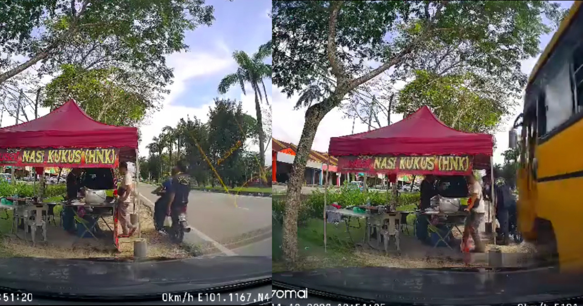 Bus crashes into motorcyclist who were buying food from the nasi kukus stall