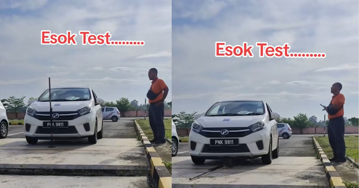 Driving school student knocks the pole while practicing for test