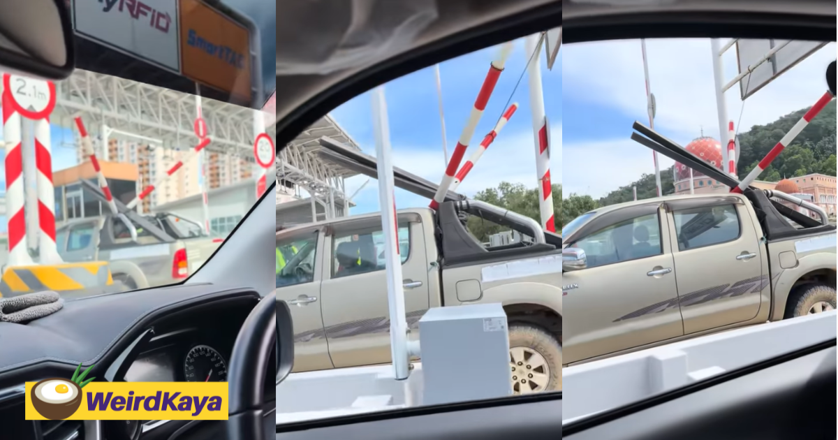 Hilux carrying metal poles breaks height barrier into half at rfid toll booth, driver says he forgot about it | weirdkaya