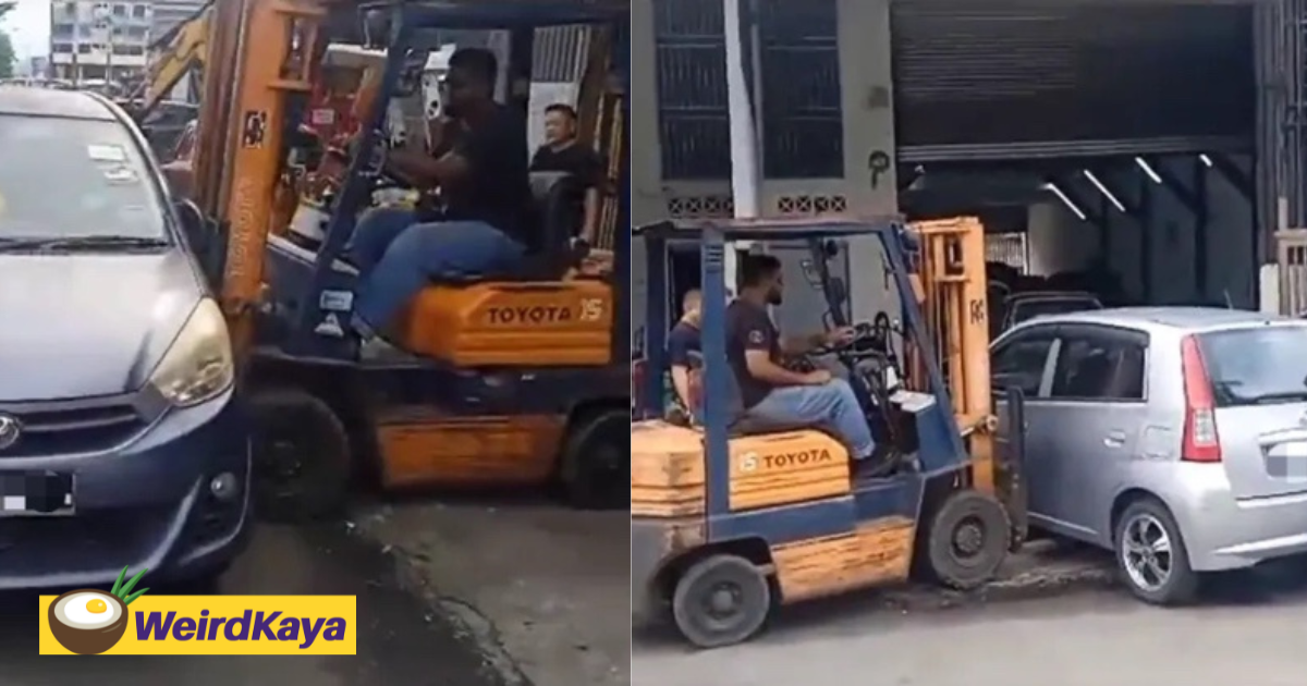 M'sian man uses forklift to remove parked cars which blocked his workshop | weirdkaya