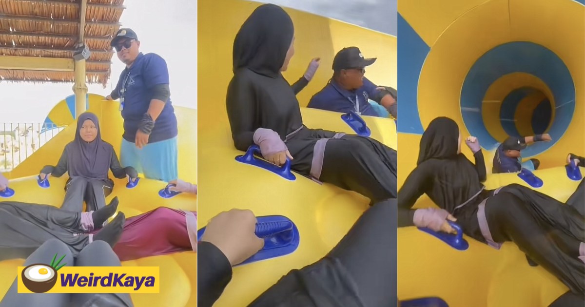 M'sian lifeguard slips & joins customers on water slide ride in amusing clip | weirdkaya