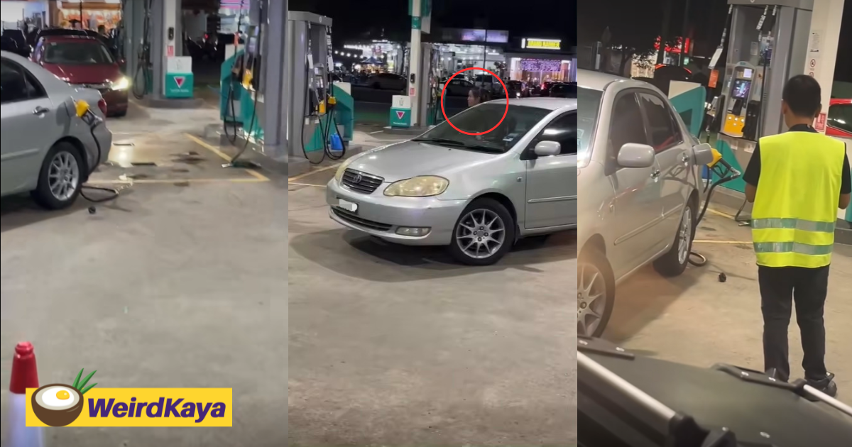 M'sian woman forgets to put back pump nozzle & drives off, rips cord into half | weirdkaya