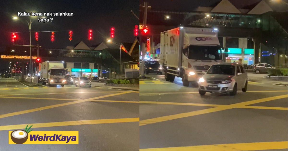 Viral video shows car nearly getting hit by lorry at intersection, m'sians debate over who's at fault | weirdkaya