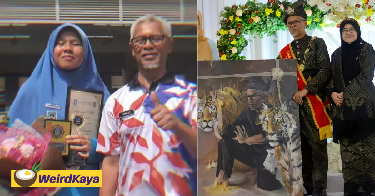 16yo m'sian student gifts her retiring teacher acrylic painting portrait to honour his legacy | weirdkaya