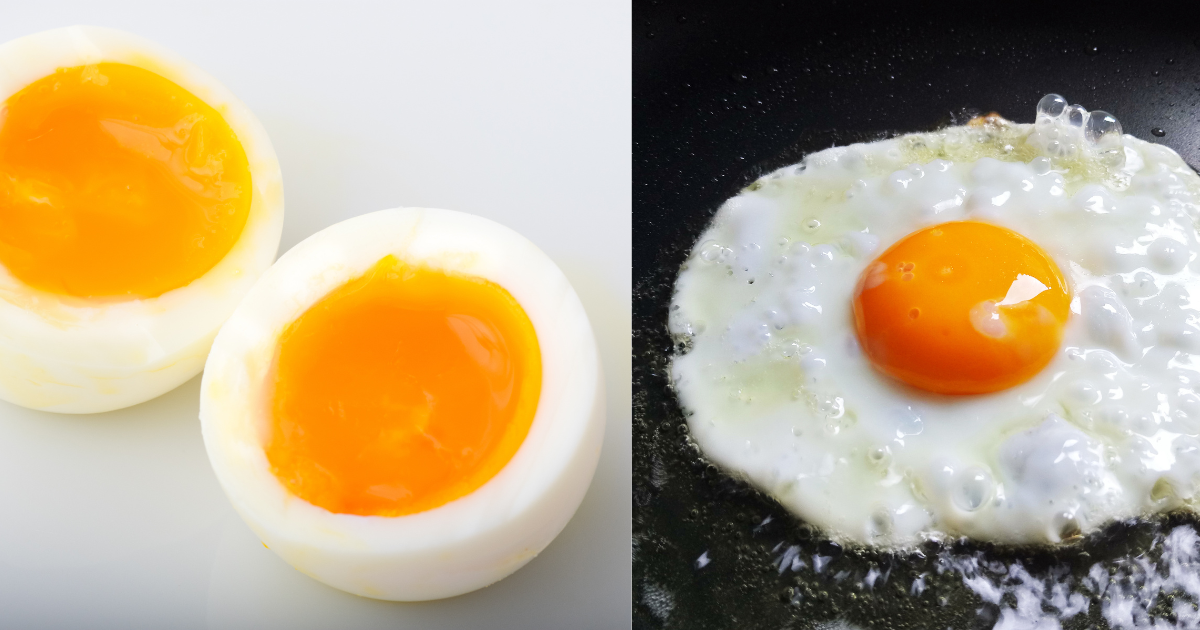 Half boiled egg and sunny side up egg