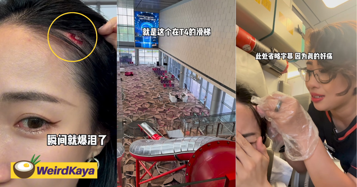 M'sian content creator suffers cut on her head after going down slide at changi airport | weirdkaya