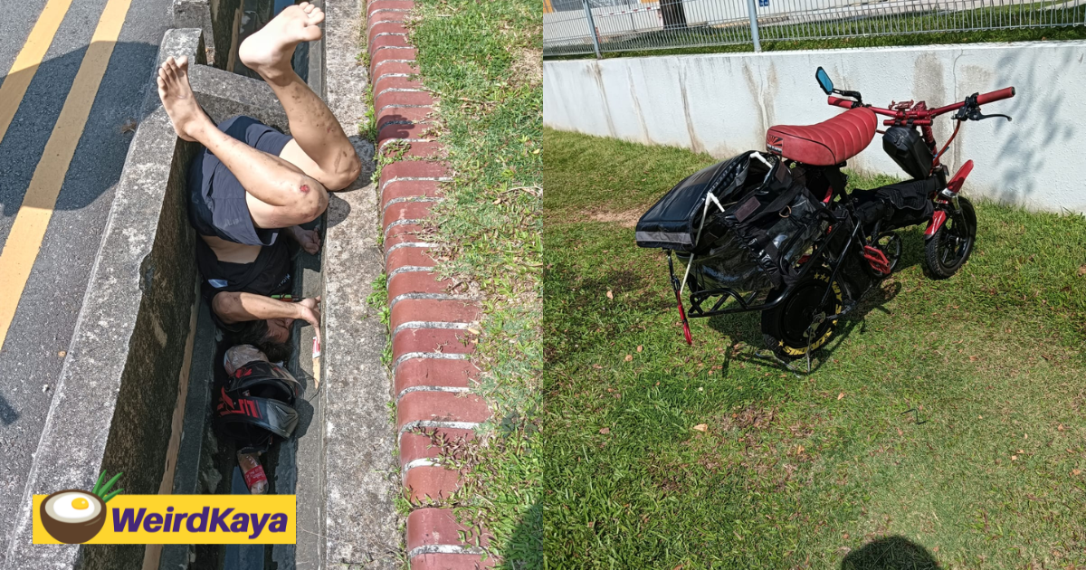 Sg man falls into drain upside down after falling off from electric bicycle | weirdkaya