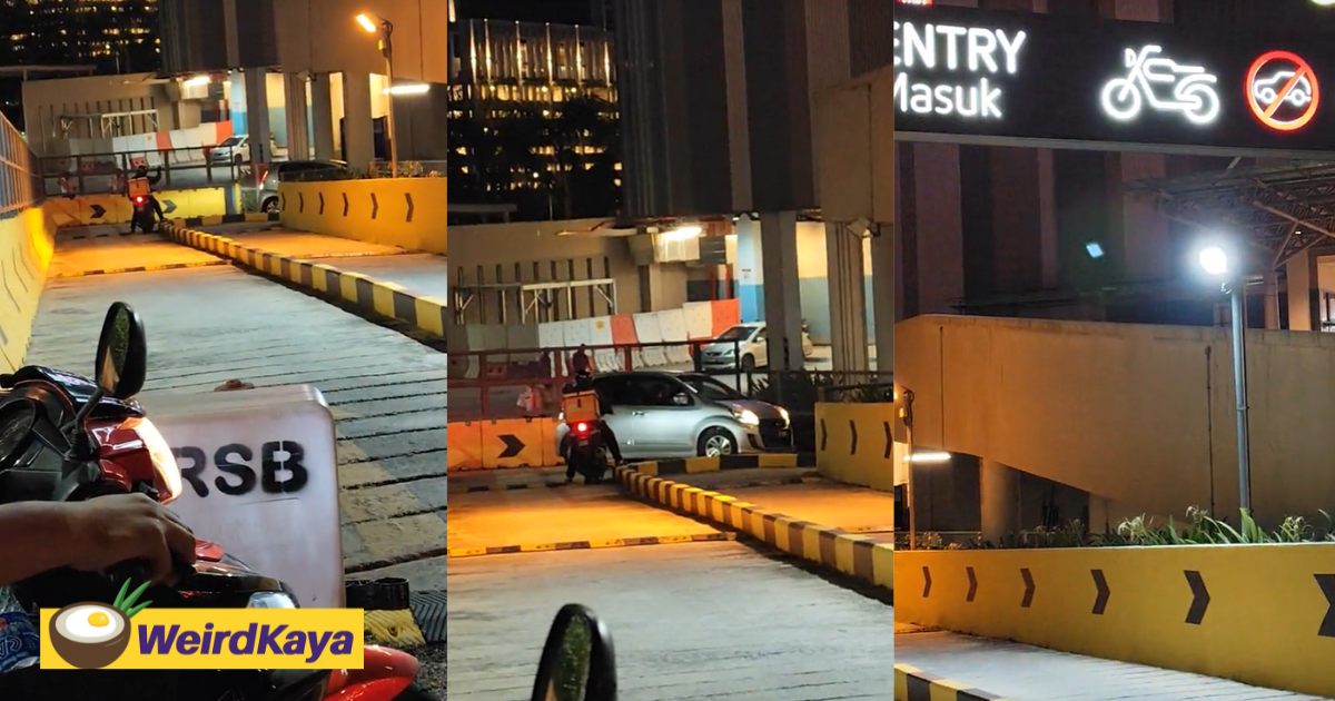 Myvi drives into motorbike entrance by mistake at setia city mall, struggles to exit | weirdkaya