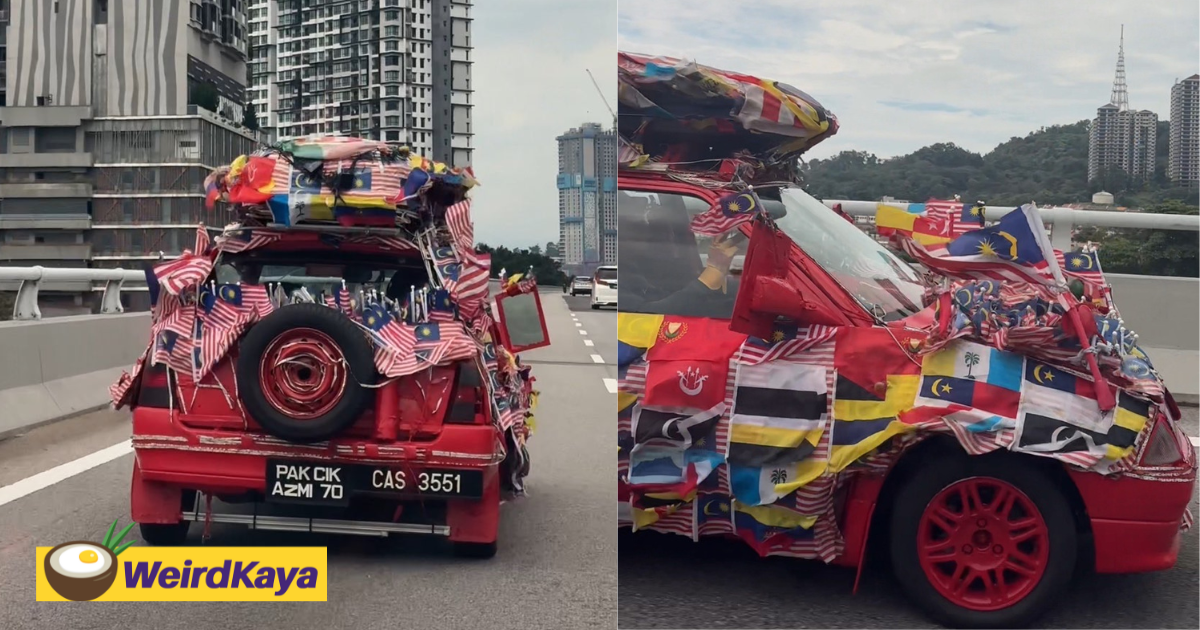 Driver cruises in proton tiara covered with m'sian flags along with side mirrors that don't look like one | weirdkaya