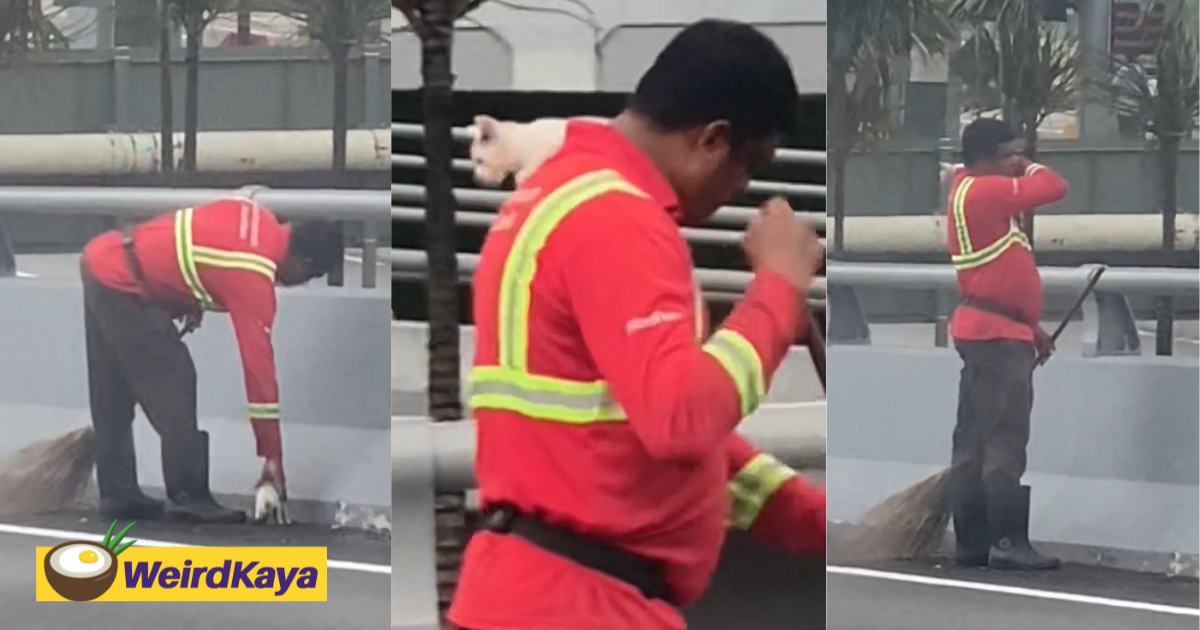 Street cleaner puts cat on his shoulder & continues to work near trx, melting hearts online | weirdkaya