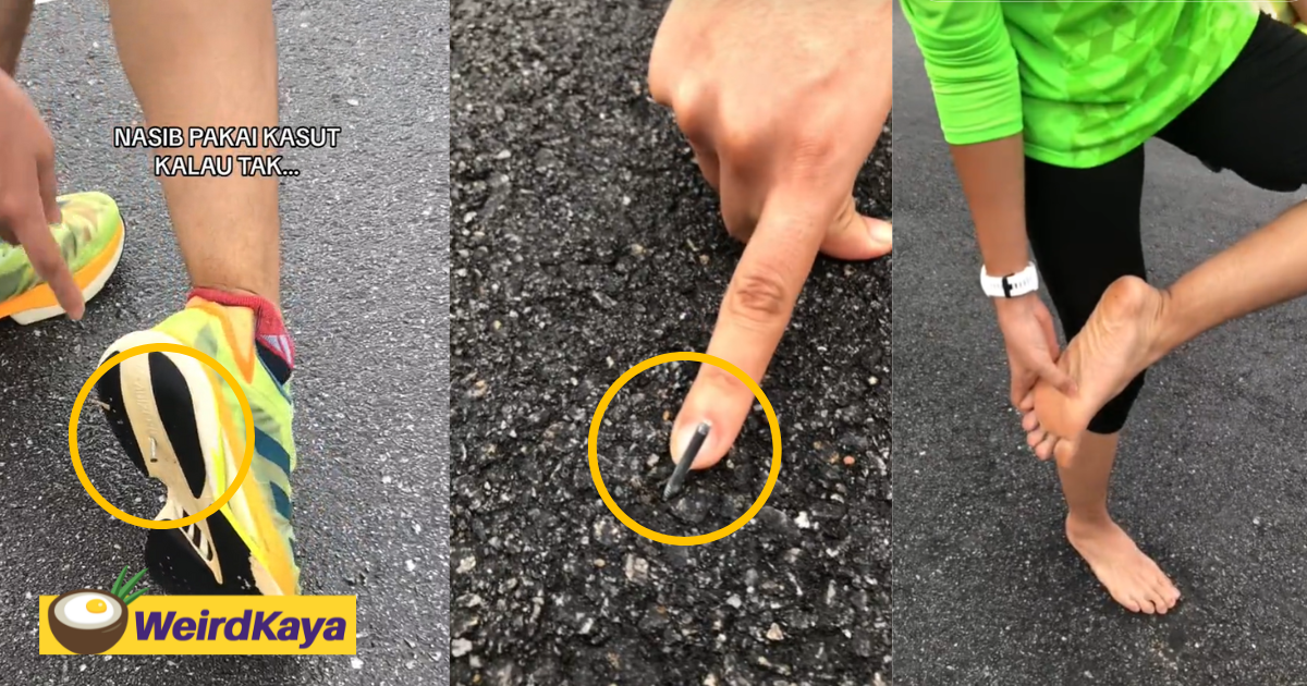 M'sian man steps on nail during jog, netizens believe it was placed on purpose | weirdkaya