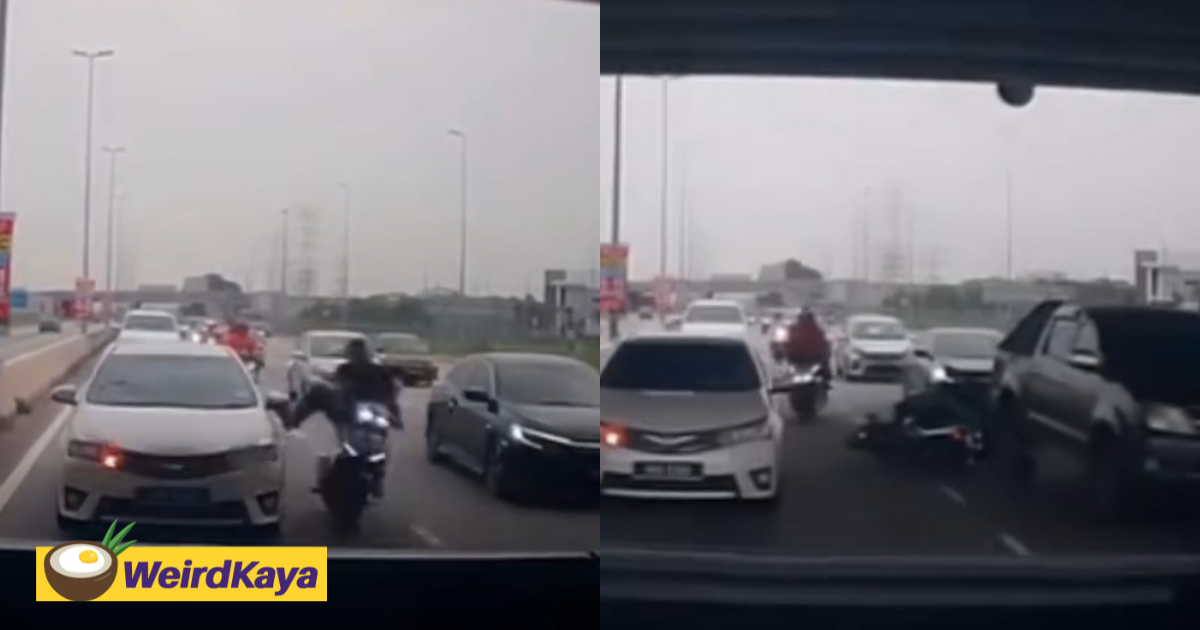 M'sian man kicks car out of anger, ends up falling off motorcycle himself | weirdkaya