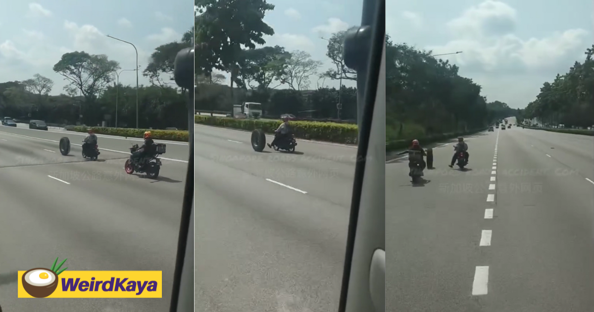 Motorcyclists team up to 'escort' car tyre rolling along sg highway | weirdkaya