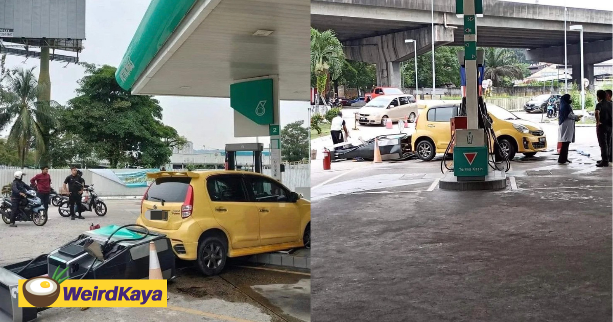 'just myvi things' — myvi driver knocks petrol pump over after reversing by mistake | weirdkaya