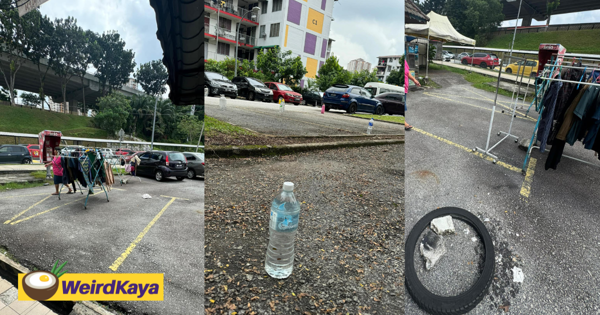 Dbkl seizes clothes rack, water bottles, & metal poles used to 'chope' parking spots at wangsa maju | weirdkaya