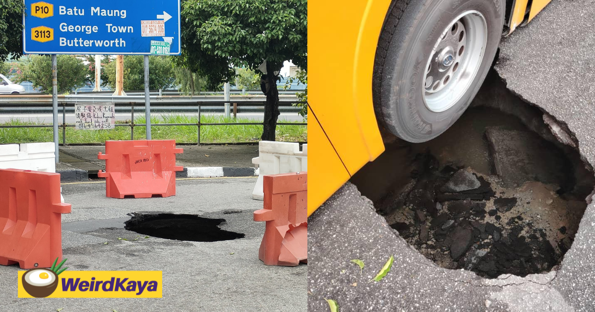 Bus in penang gets stuck after its wheel got caught inside a sinkhole | weirdkaya