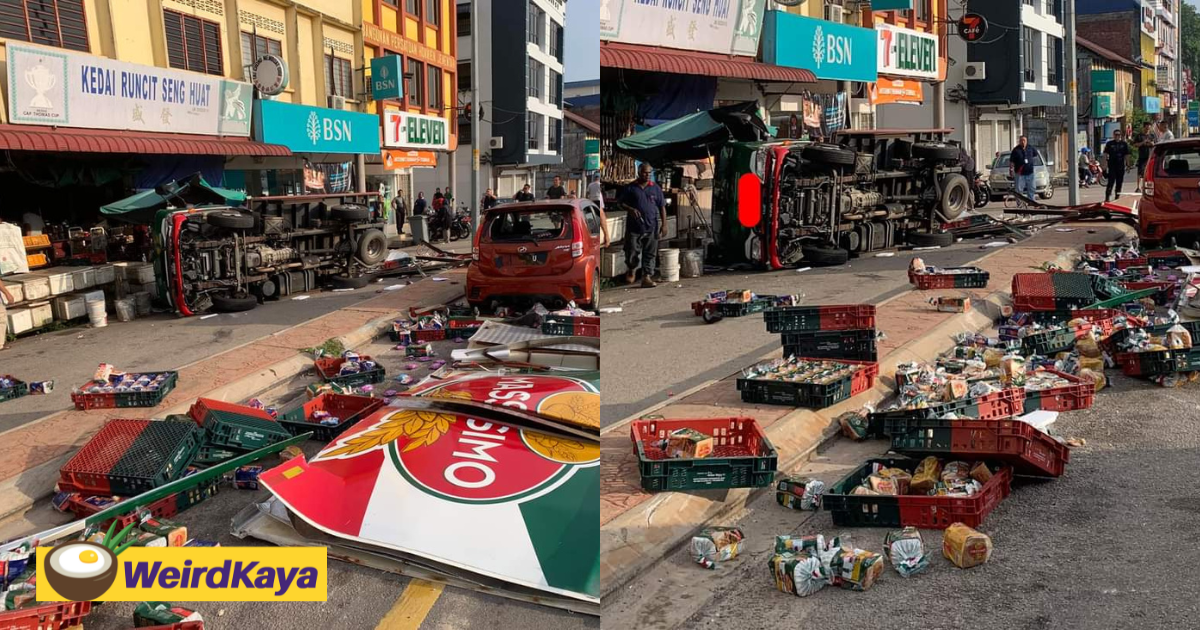 Lorry carrying cement crashes into truck at johor, bread sent scattering across the road | weirdkaya