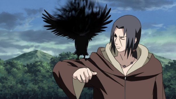 A scene from naruto anime series, showing itachi uchiha and his crow