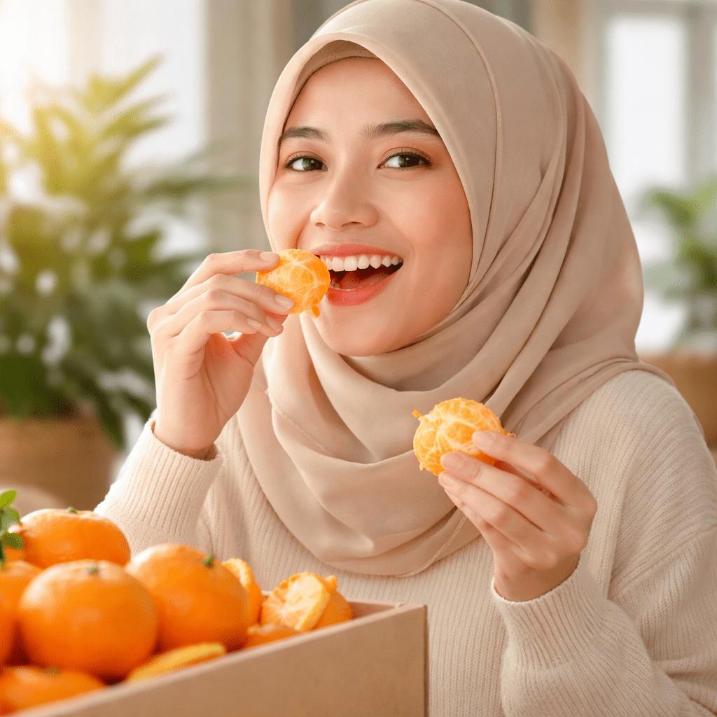 Malay eating mandarin orange