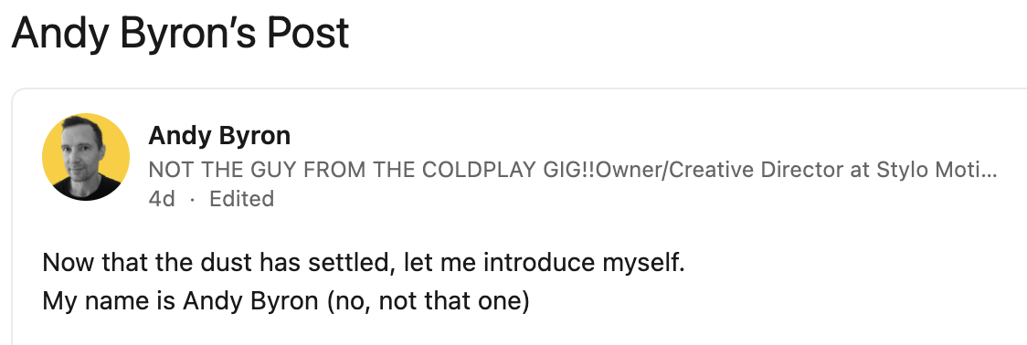 Man Adds “Not The CEO From Coldplay” To LinkedIn After Getting Mistaken For Viral Cheater