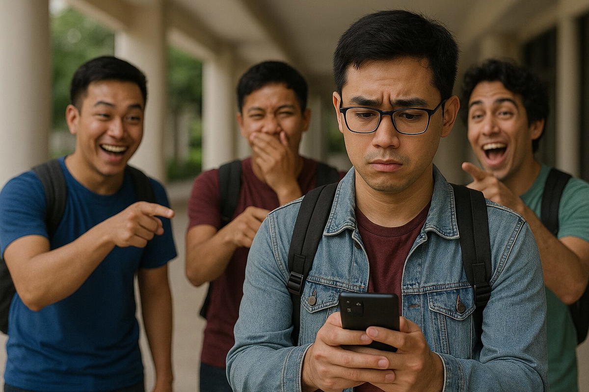 man being teased for android phone