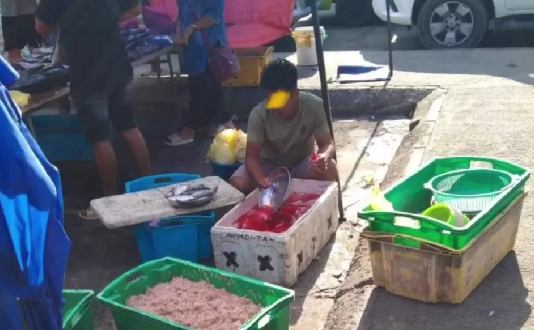 Man caught adding red coloting agent into a box filled with fish