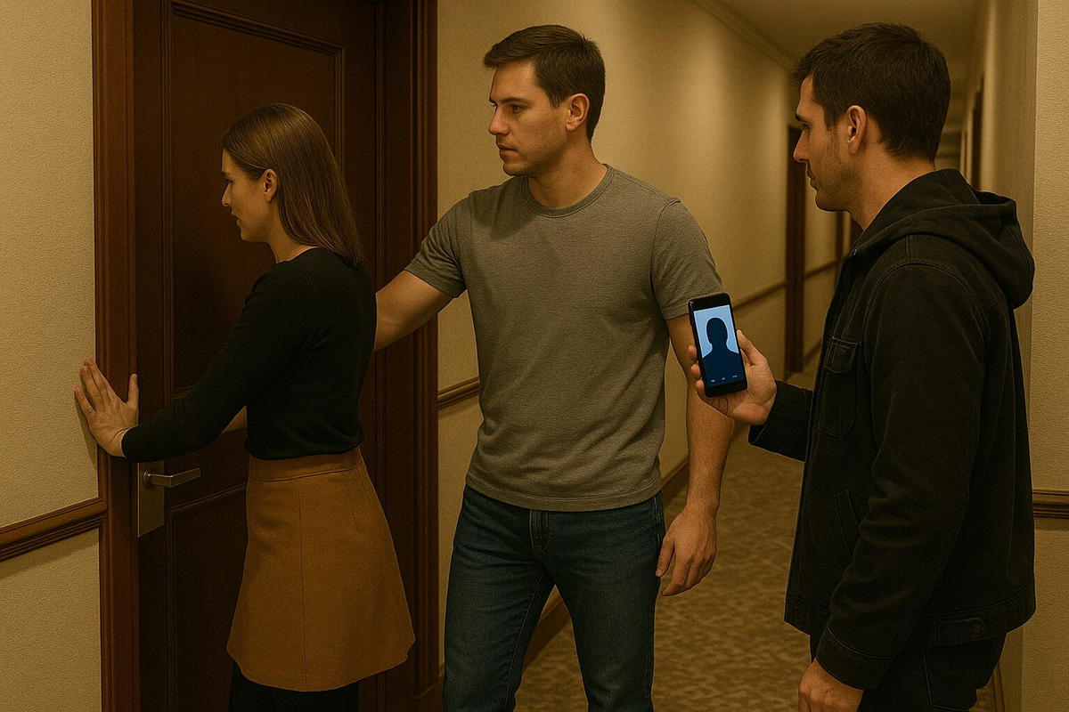 MAN HELPING WOMAN TO ENTER HER HOTEL ROOM