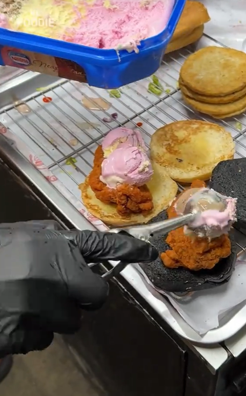 Man making the ice cream fried chicken burger