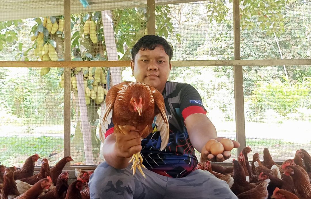 man showing his chicken and its eggs