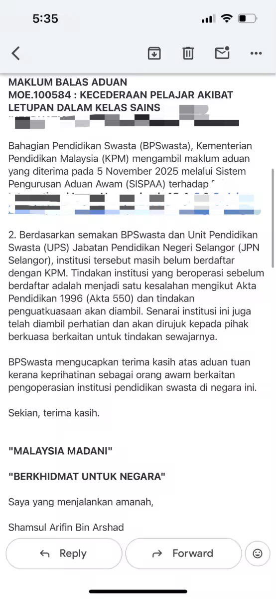 MOE letter saying school wasn't registered