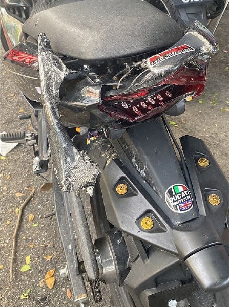 Motorcycle damaged by trolley