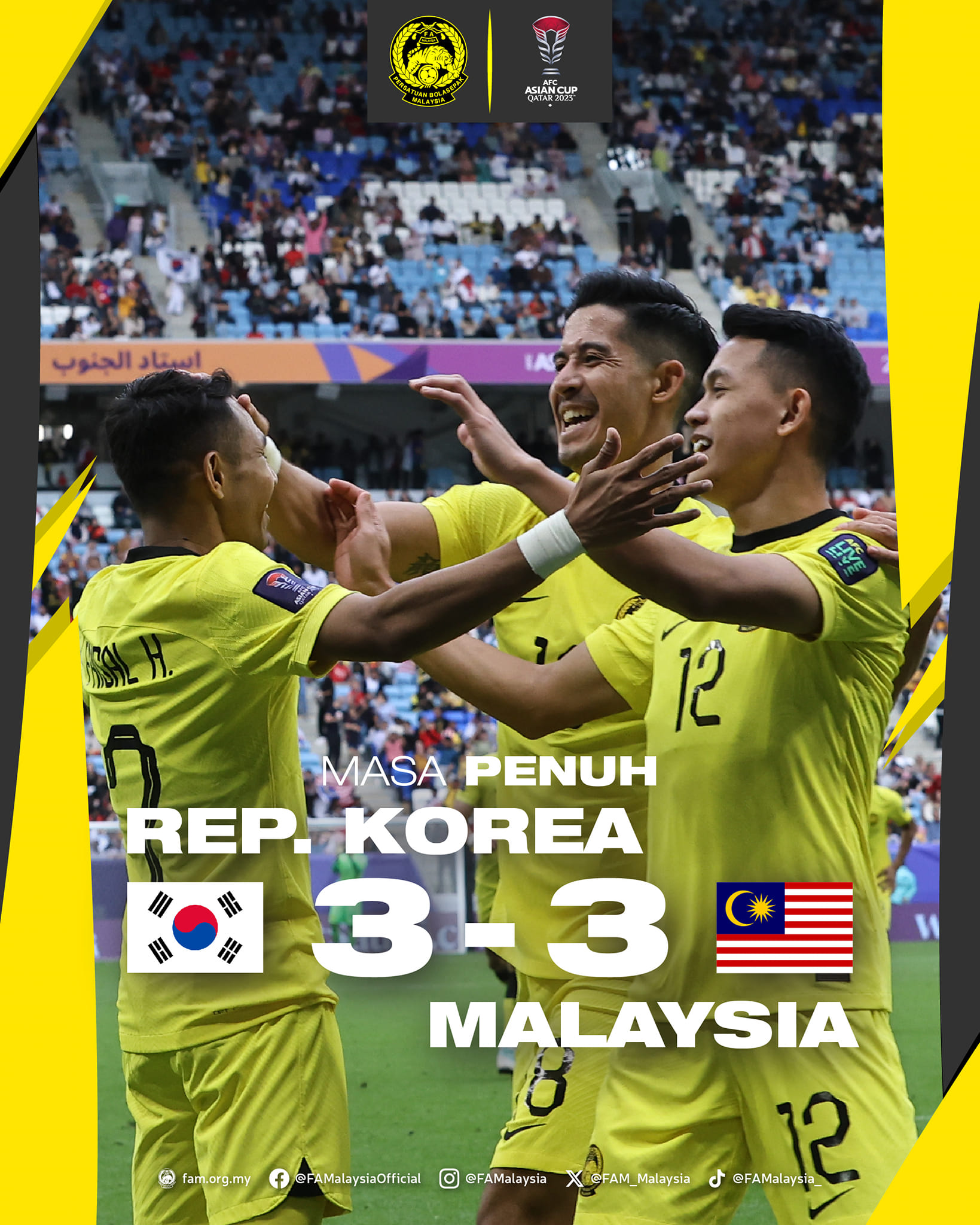 M'sia draws 3-3 against south korea at asian cup