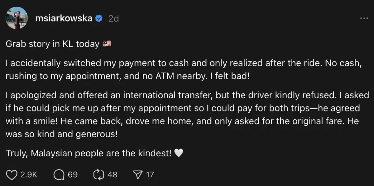 M’sian Driver Charges Foreigner Only For A Single Ride Despite Making 2 Trips As She Had No Cash
