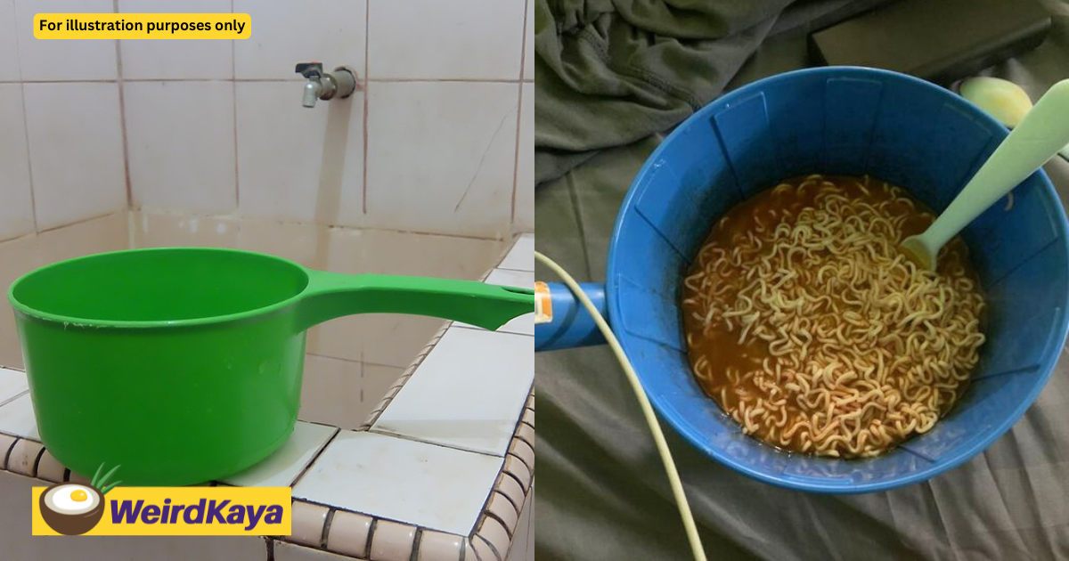 M'sian father amused by son eating instant noodles straight from a water dipper in college | weirdkaya