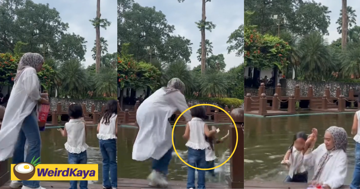 M'sian girl falls into pond while feeding fishes, mum quickly jumps in to save her | weirdkaya