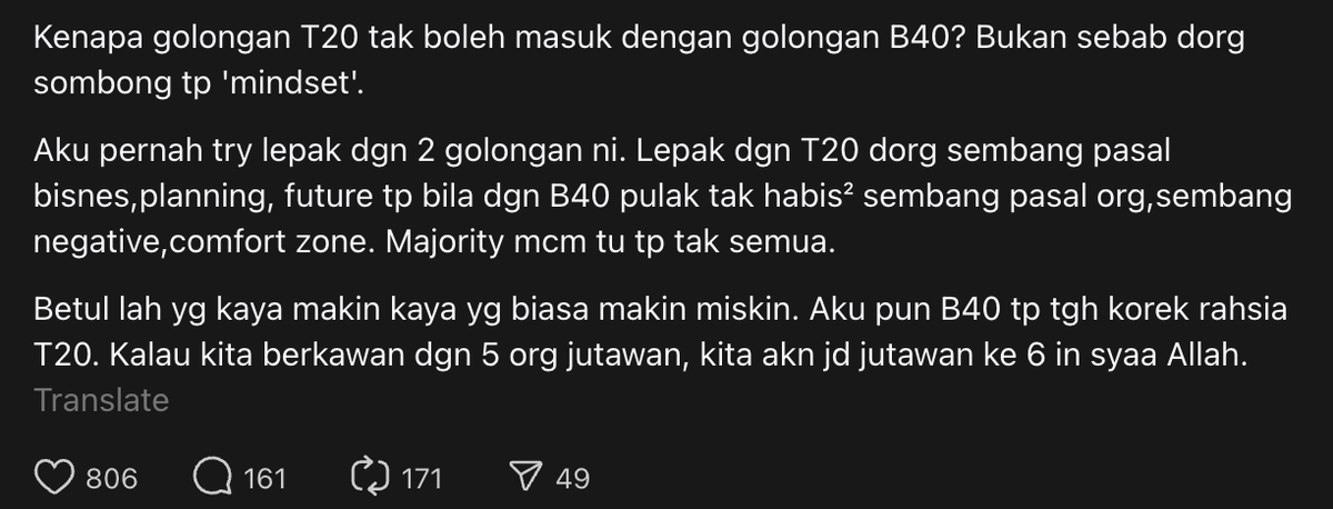 M’sian Man Shares Why T20 People Don’t Hang Out With Those From B40 Category