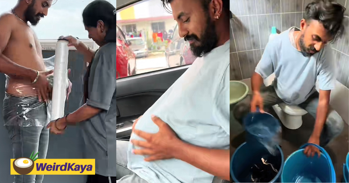 M'sian man straps watermelon to his belly to experience how his pregnant wife feels on a daily basis | weirdkaya