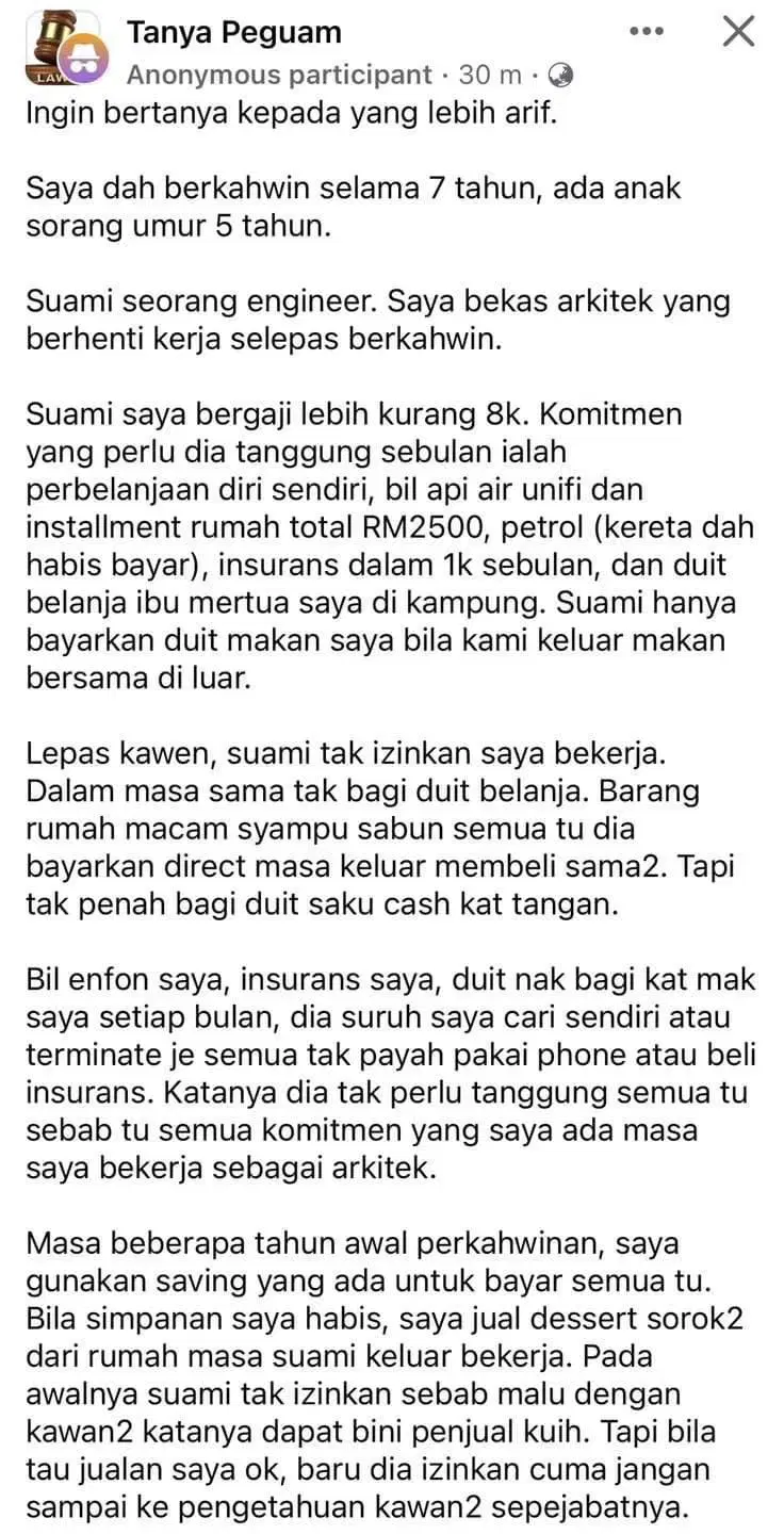 M'sian man who earns rm8k monthly stops wife from working & asks her to find ways to pay her own expenses | weirdkaya