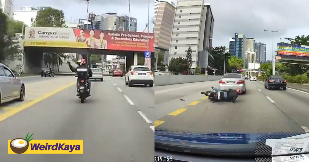 M’sian motorcyclist points middle finger at driver, falls off after driver sudden brakes in front of him  | weirdkaya