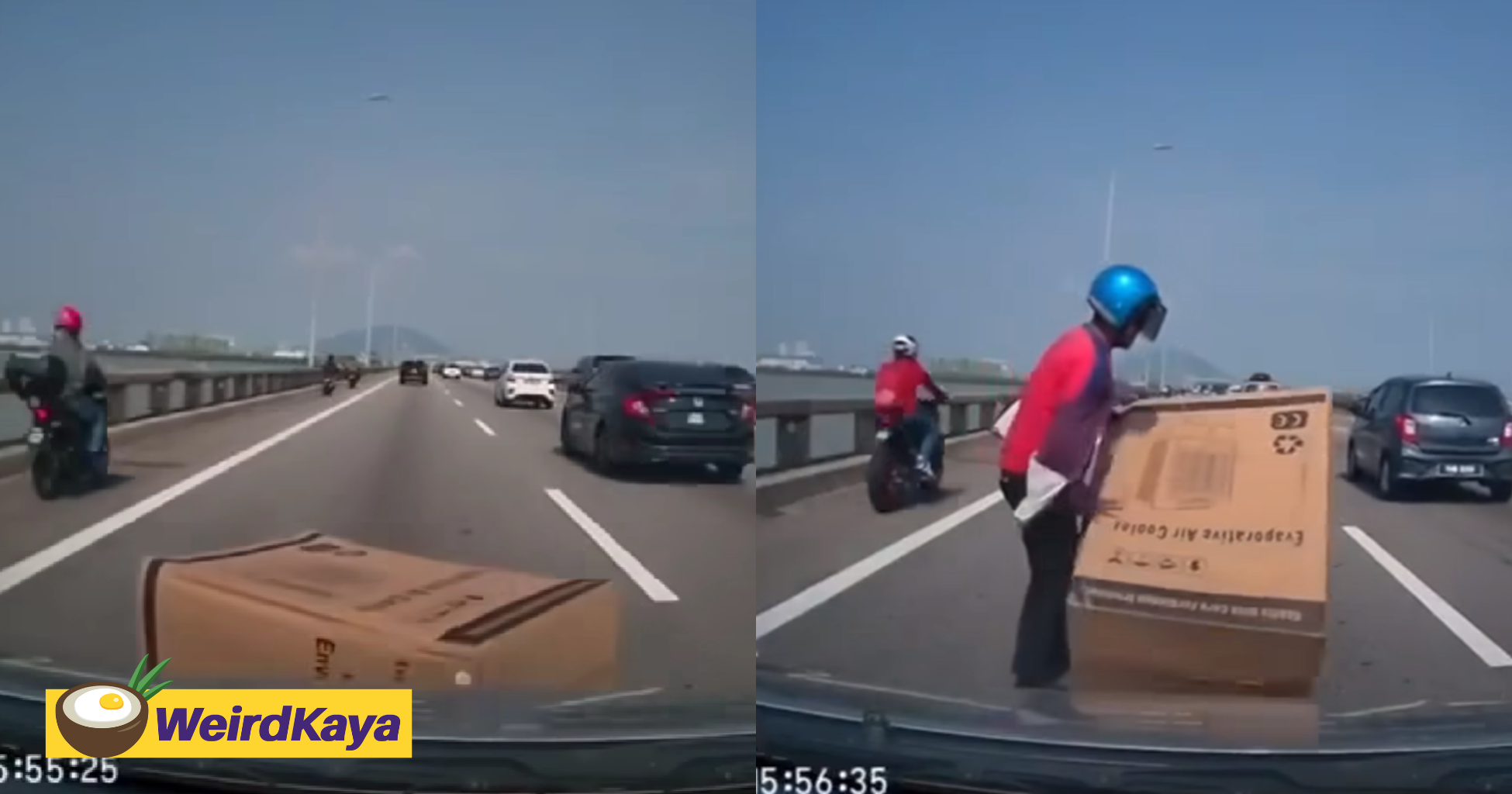 M’sian motorcyclist removes box which fell at the middle of the penang bridge | weirdkaya