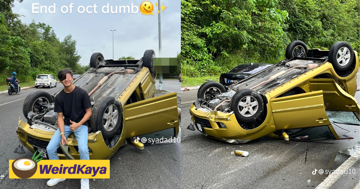 M'sian myvi driver poses with his car after crawling out from it in an accident | weirdkaya