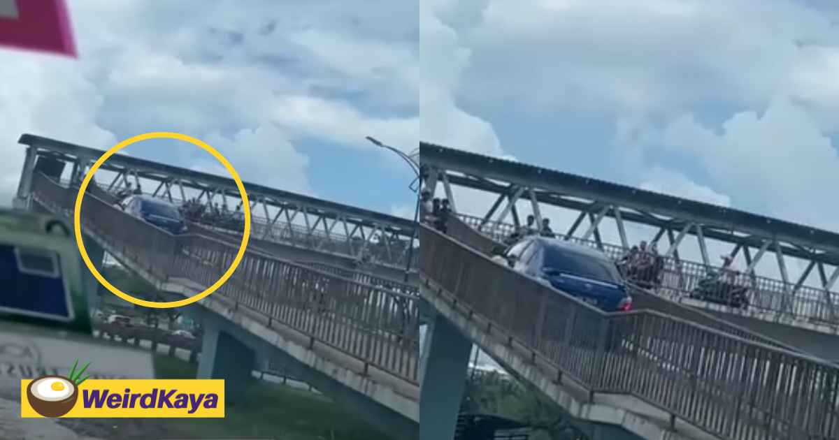 M'sian-registered car spotted using pedestrian & motorcycle bridge in johor, gets stuck in the middle | weirdkaya